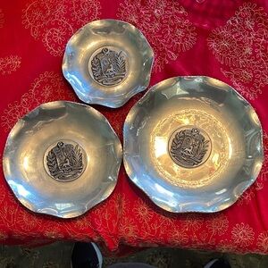 Decorative Silver Tone Metal Serving Bowls with Crest - Set of 3